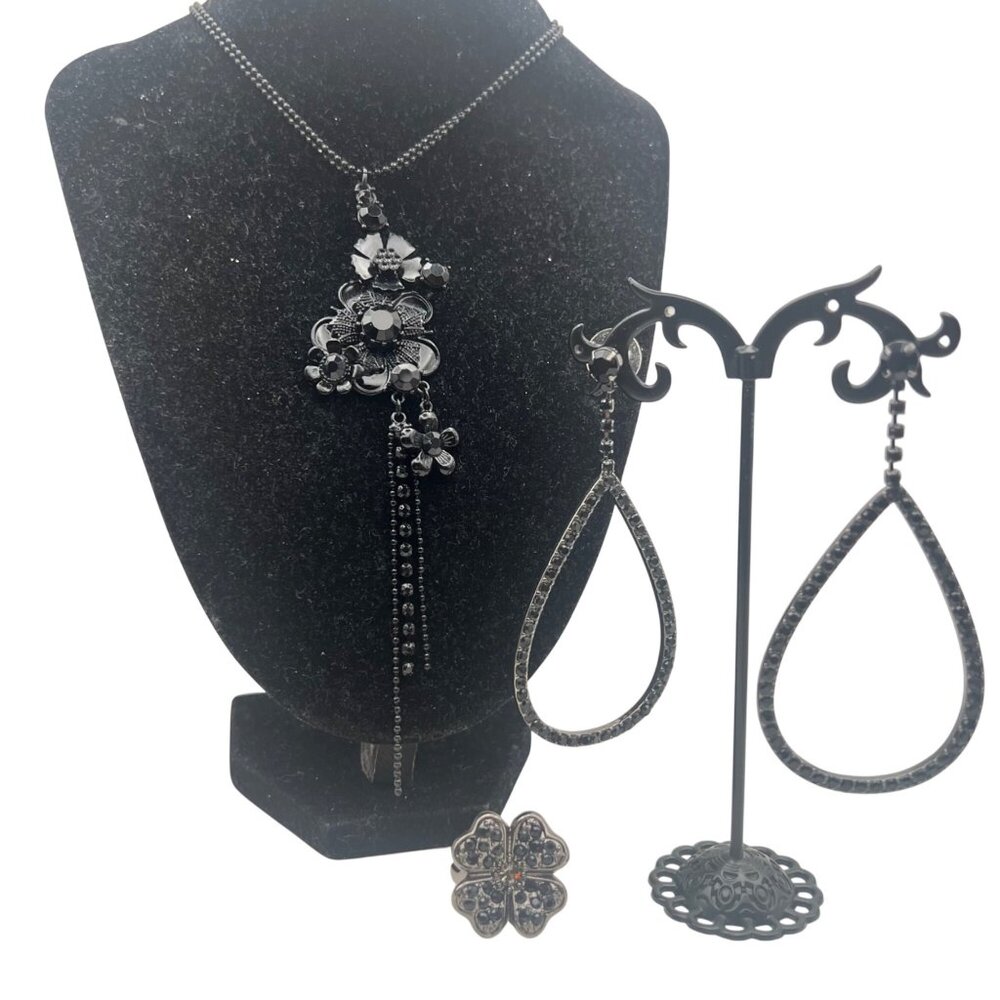 Black Gothic Jewelry Set Necklace Earrings Ring Floral Statement Tassel Gunmetal